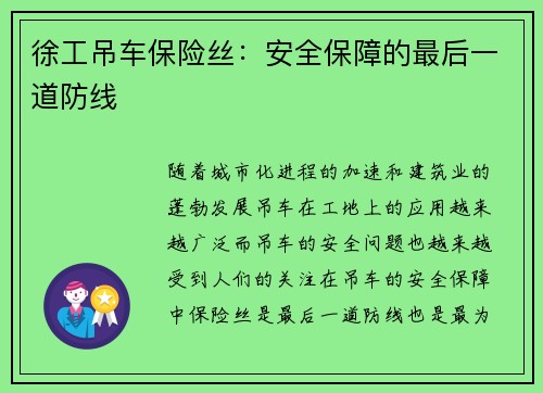 徐工吊车保险丝：安全保障的最后一道防线